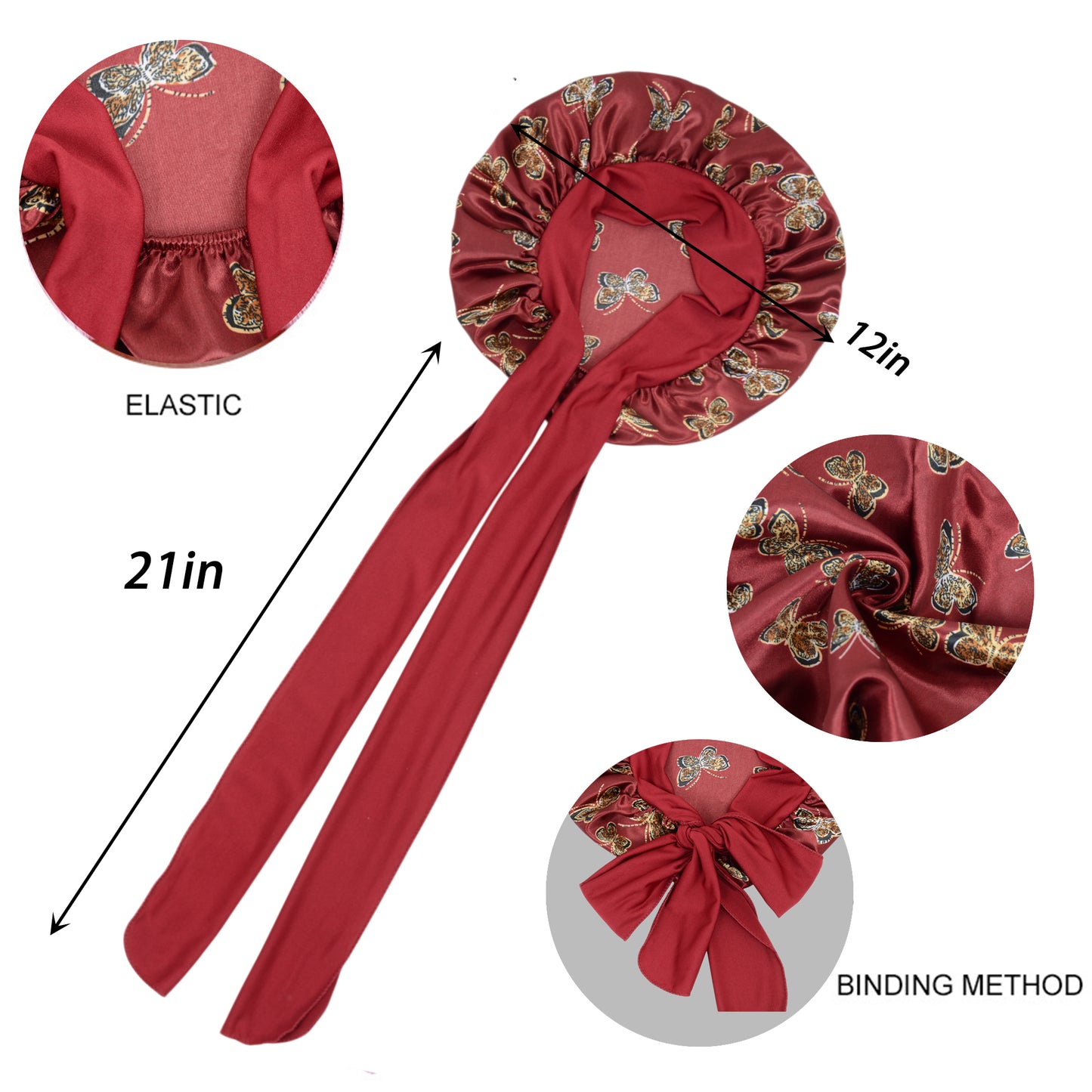 Women Silk Bonnet for Sleeping Satin Hair Bonnet with Butterfly Print and Adjustable Tie Band