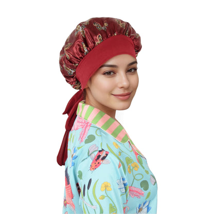Women Silk Bonnet for Sleeping Satin Hair Bonnet with Butterfly Print and Adjustable Tie Band