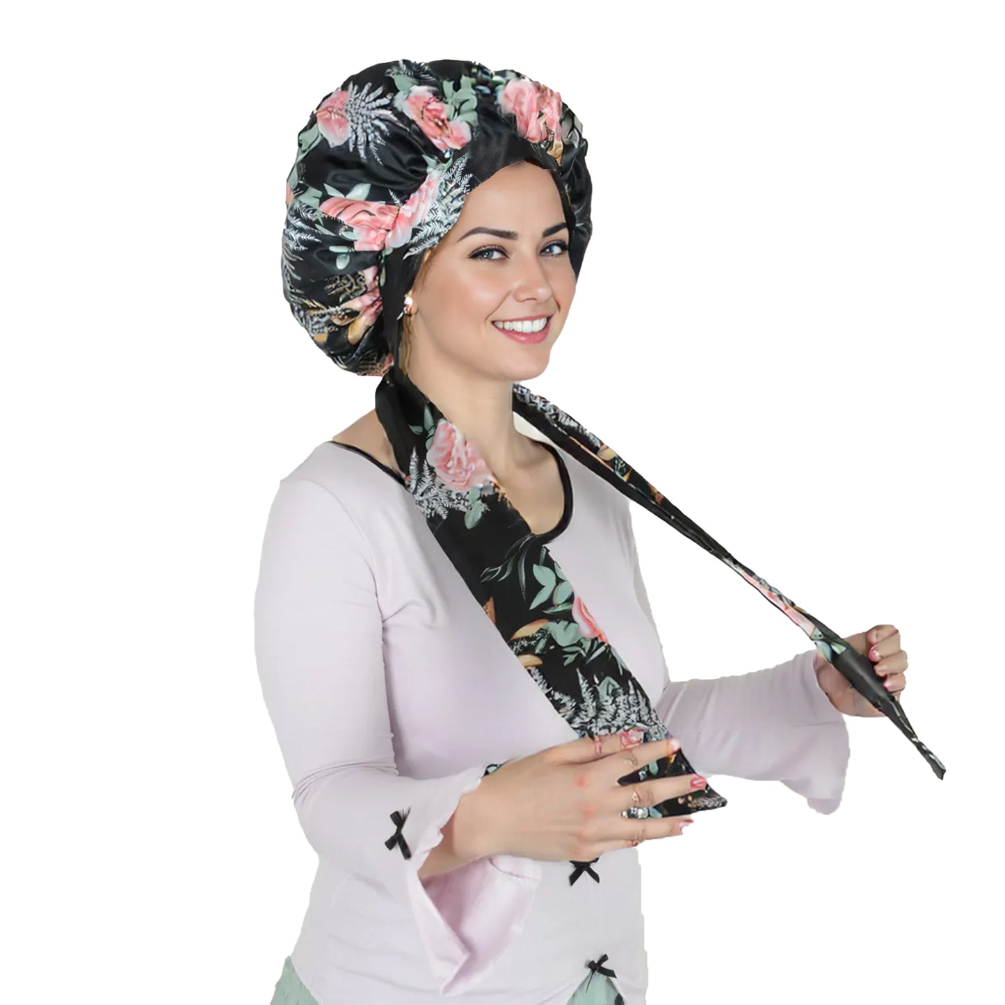 Women Silk Bonnet for Sleeping Satin Hair Bonnet with Floral Print and Long Tie Band