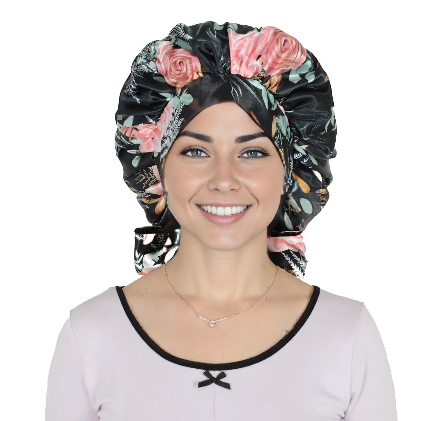 Women Silk Bonnet for Sleeping Satin Hair Bonnet with Floral Print and Long Tie Band