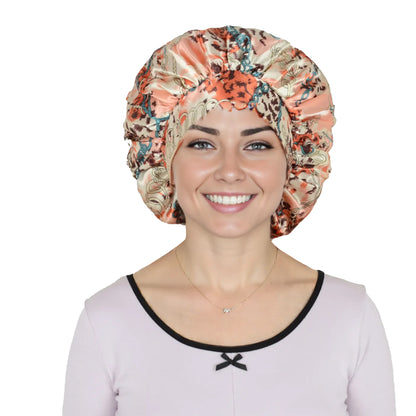 Women Silk Bonnet for Sleeping Satin Hair Bonnet with Floral Print and Long Tie Band