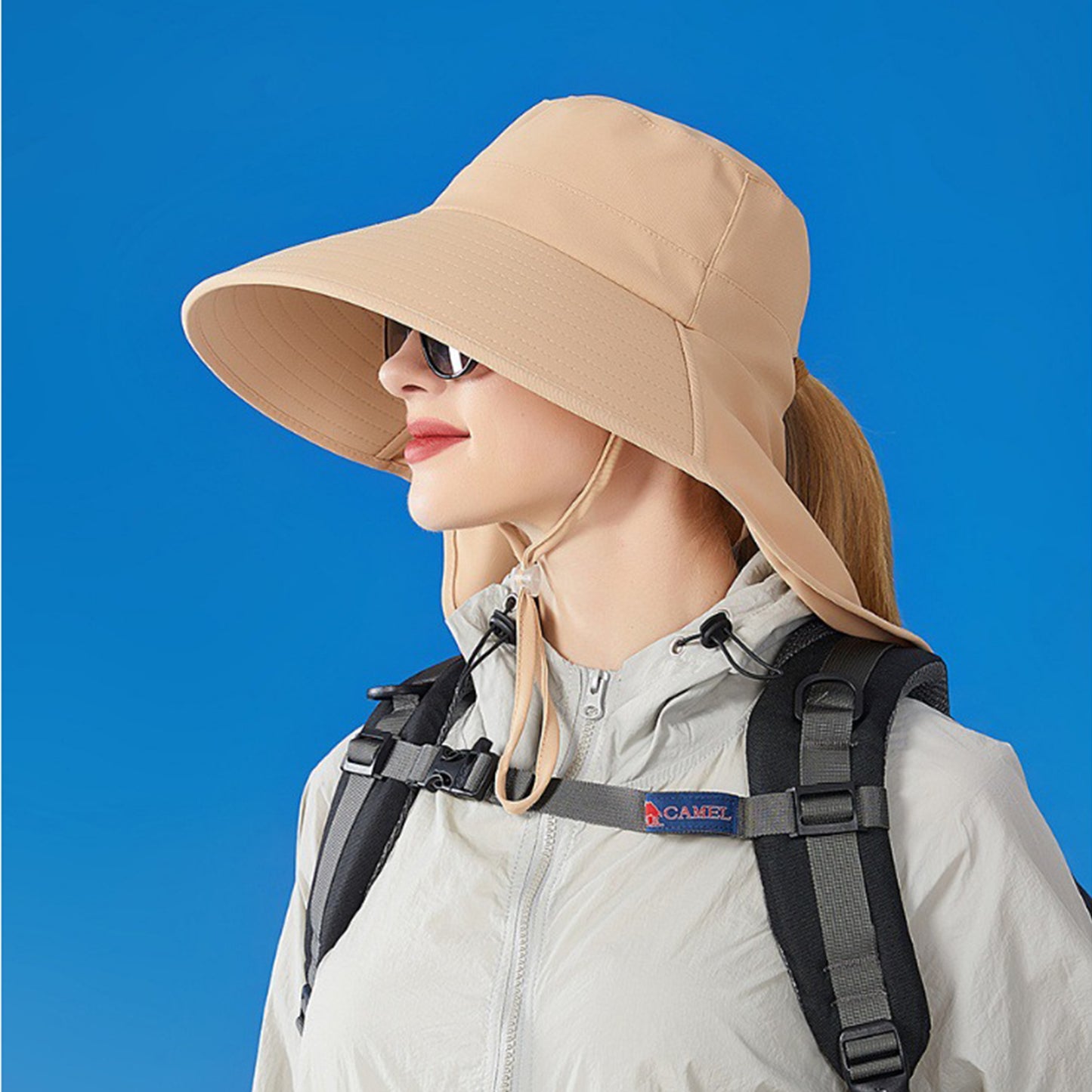 Women Ponytail Sun Hat Wide Brim Sun Hat with Flap Packable Adjustable Summer Beach Hat