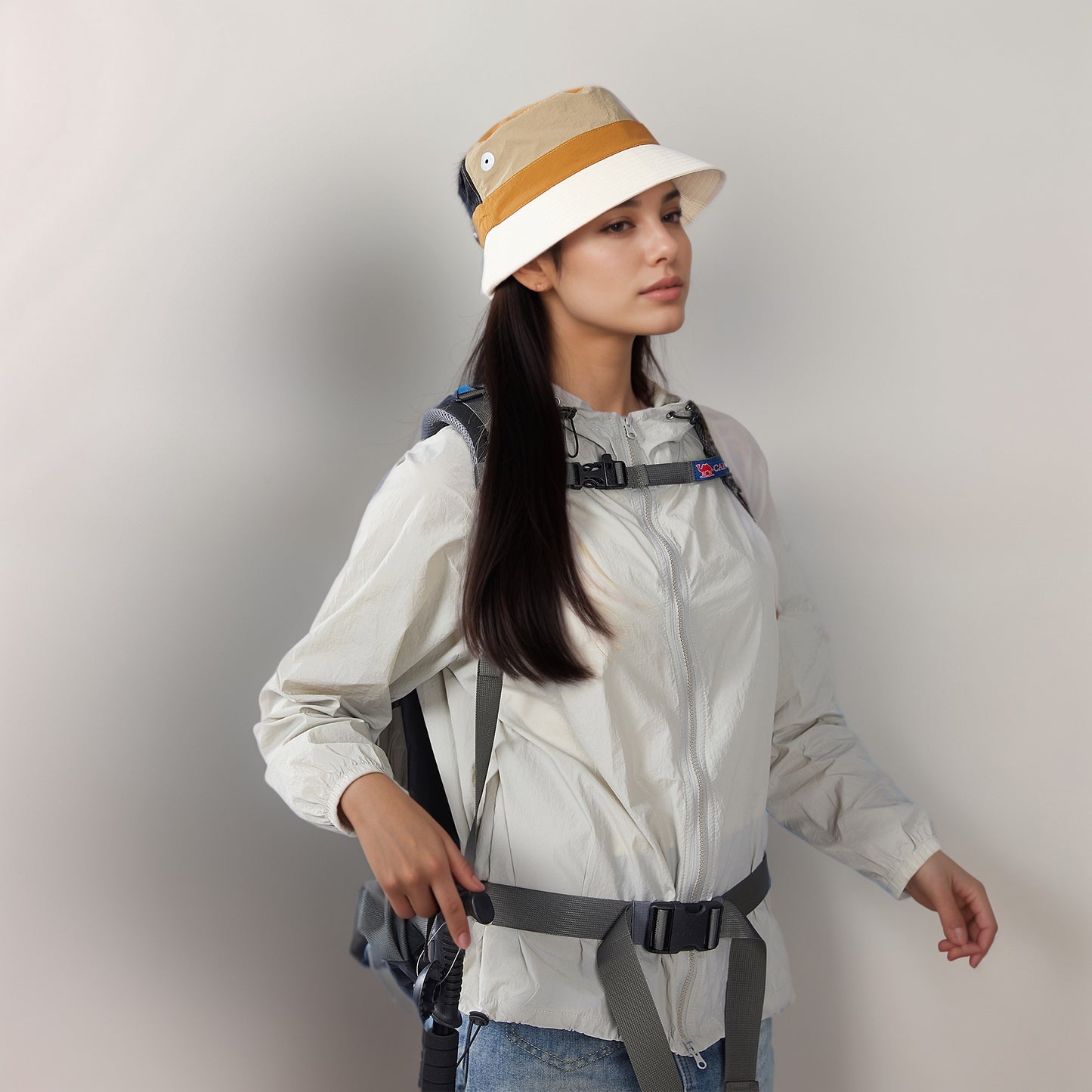 Outdoor Patchwork Bucket Hat Adjustable Chin Strap Breathable Wide Brim for Hiking Camping Travel