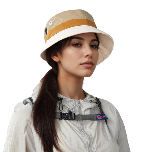 Outdoor Patchwork Bucket Hat Adjustable Chin Strap Breathable Wide Brim for Hiking Camping Travel