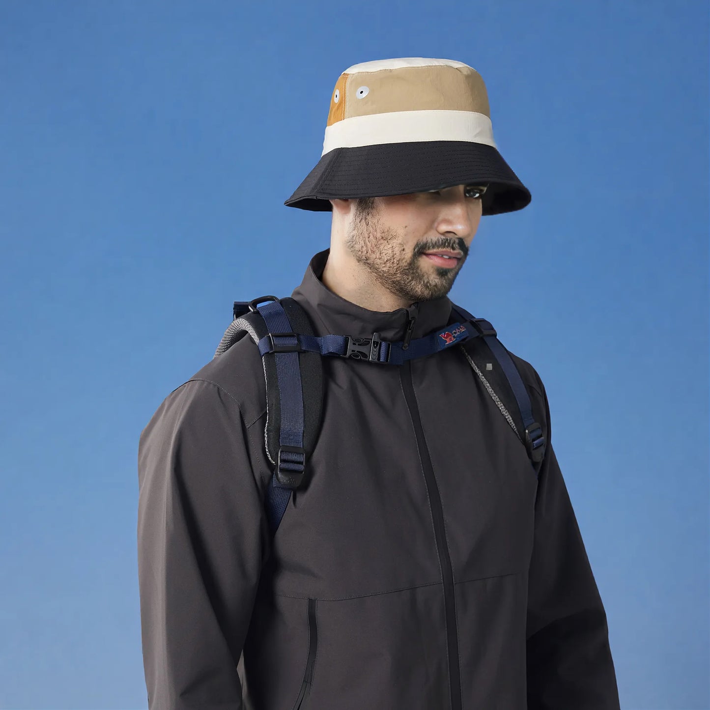 Outdoor Patchwork Bucket Hat Adjustable Chin Strap Breathable Wide Brim for Hiking Camping Travel