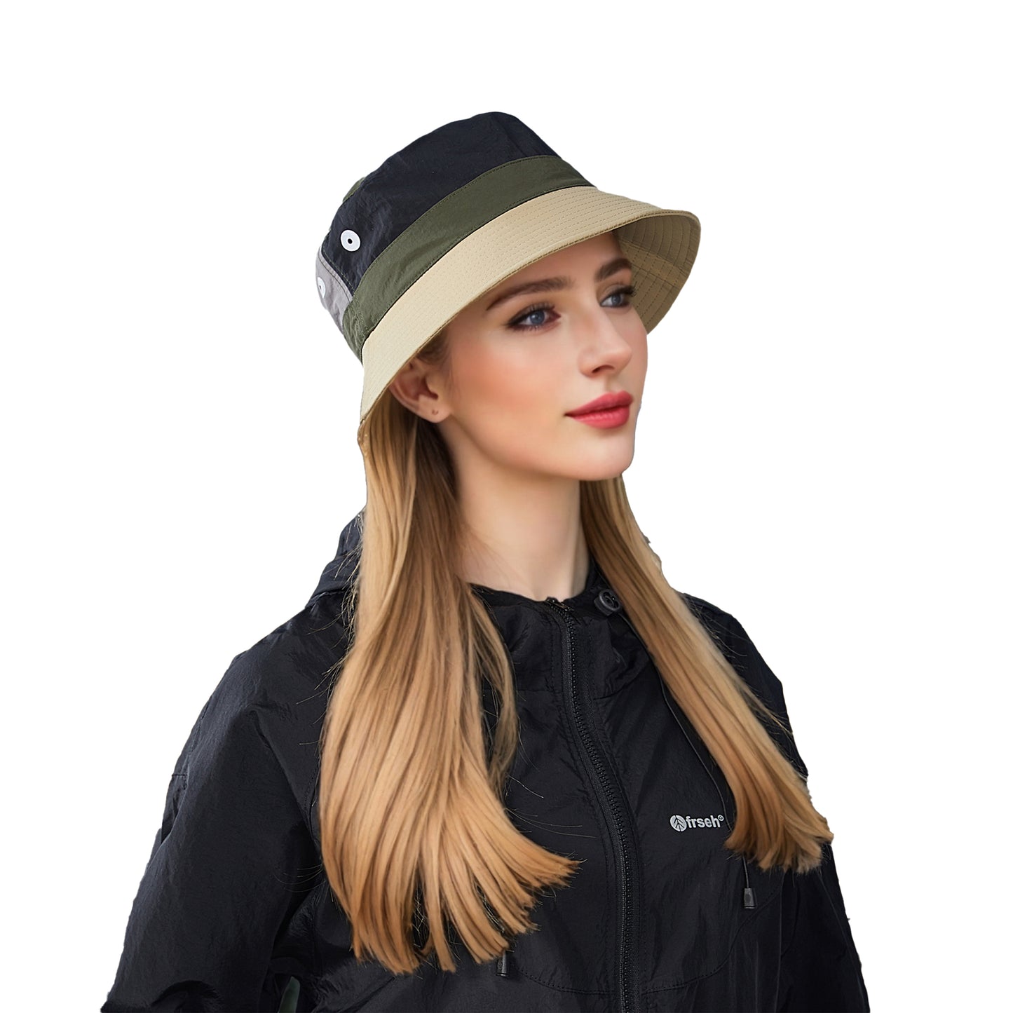 Outdoor Patchwork Bucket Hat Adjustable Chin Strap Breathable Wide Brim for Hiking Camping Travel