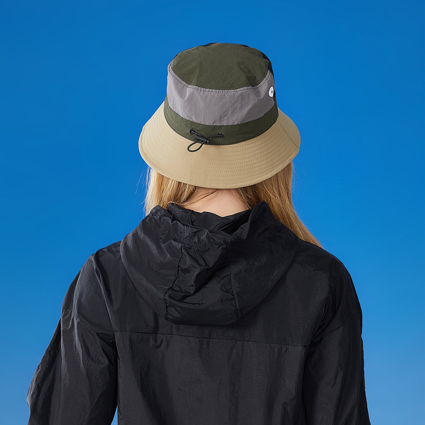 Outdoor Patchwork Bucket Hat Adjustable Chin Strap Breathable Wide Brim for Hiking Camping Travel