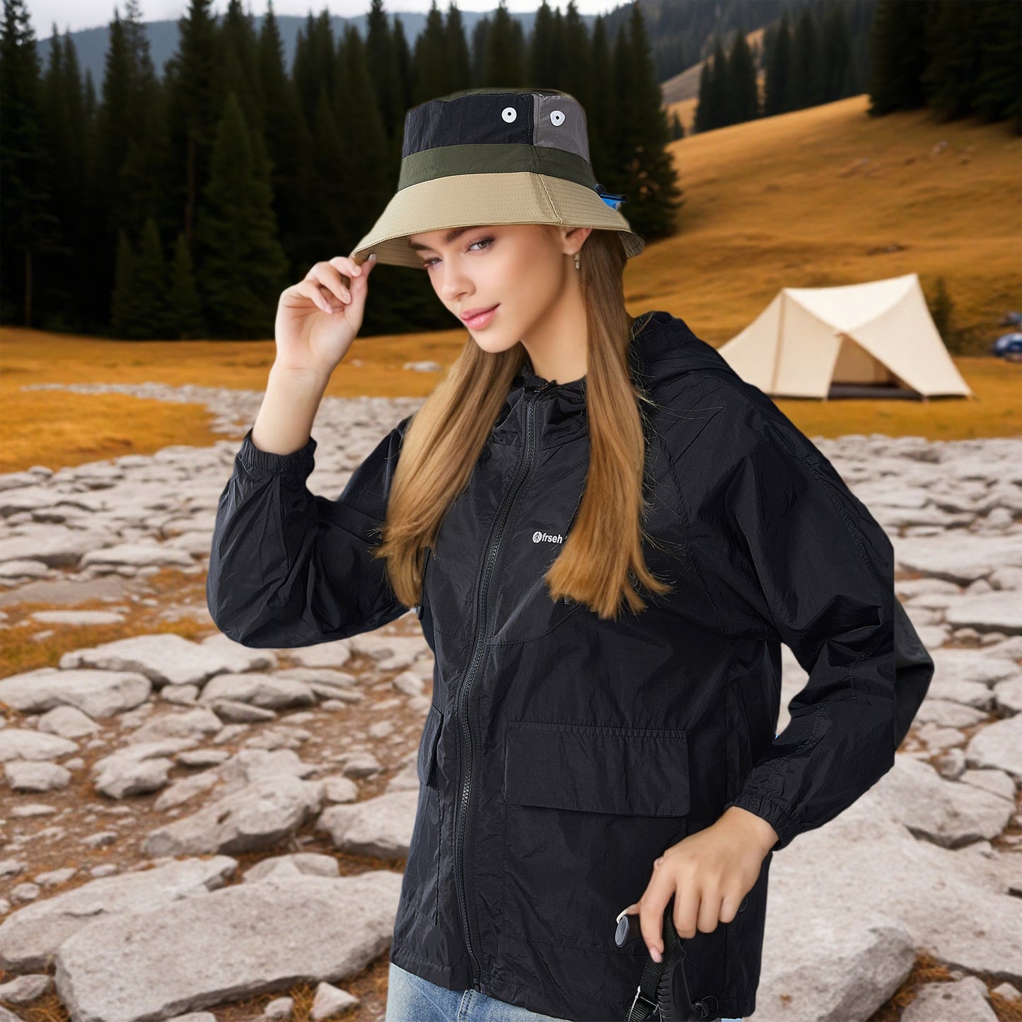 Outdoor Patchwork Bucket Hat Adjustable Chin Strap Breathable Wide Brim for Hiking Camping Travel