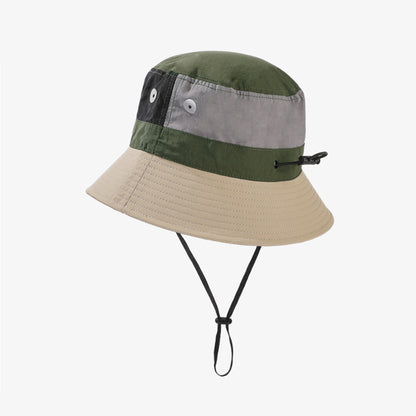 Outdoor Patchwork Bucket Hat Adjustable Chin Strap Breathable Wide Brim for Hiking Camping Travel