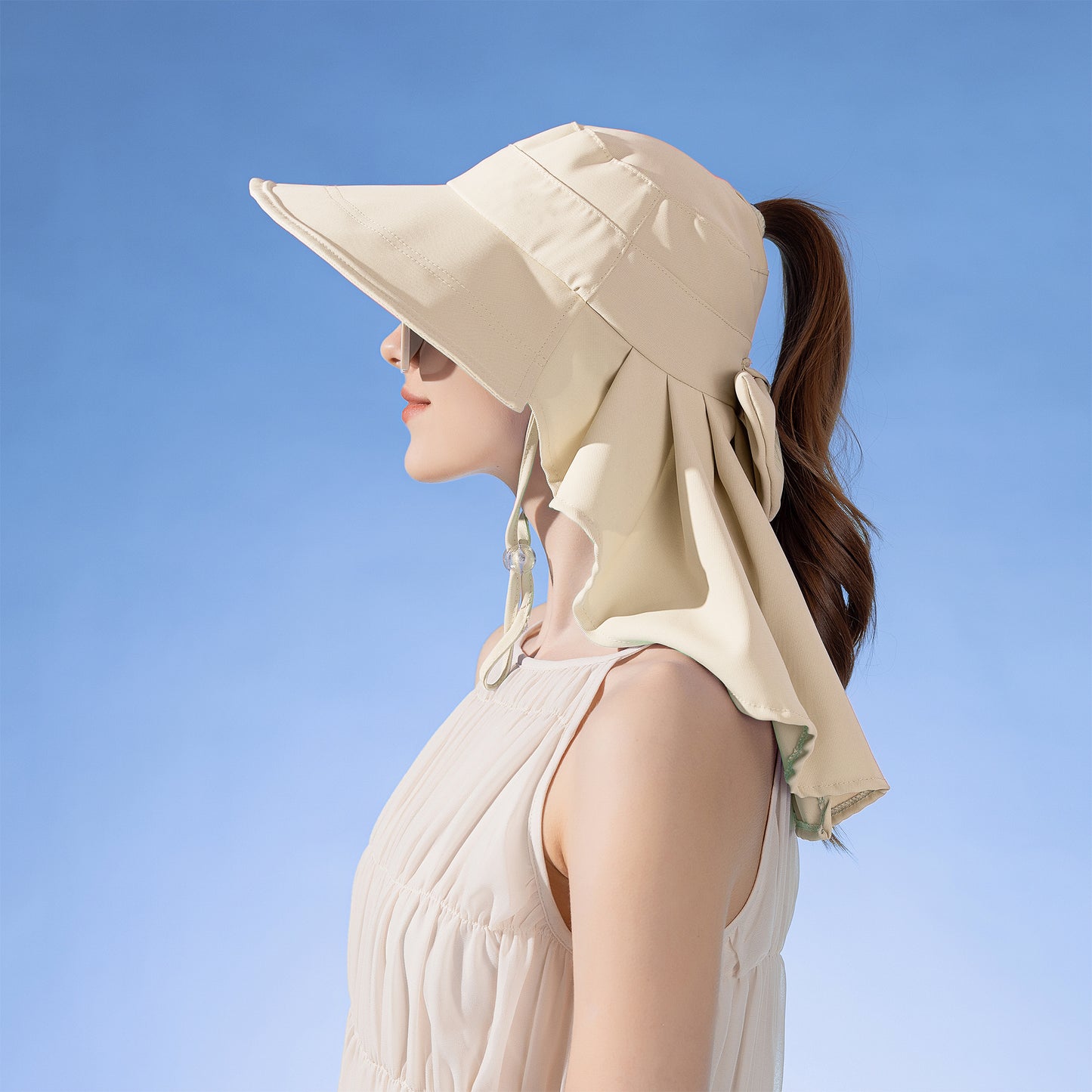 Womens Wide Brim Sun Hat UV Protection Flap Design with Back Bow Detail and Adjustable Chin Strap