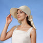 Womens Wide Brim Sun Hat UV Protection Flap Design with Back Bow Detail and Adjustable Chin Strap