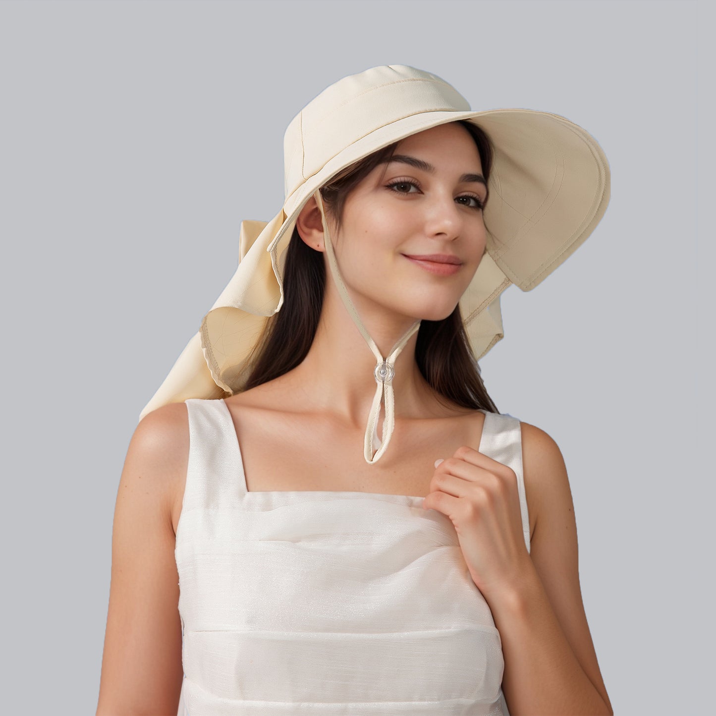 Womens Wide Brim Sun Hat UV Protection Flap Design with Back Bow Detail and Adjustable Chin Strap