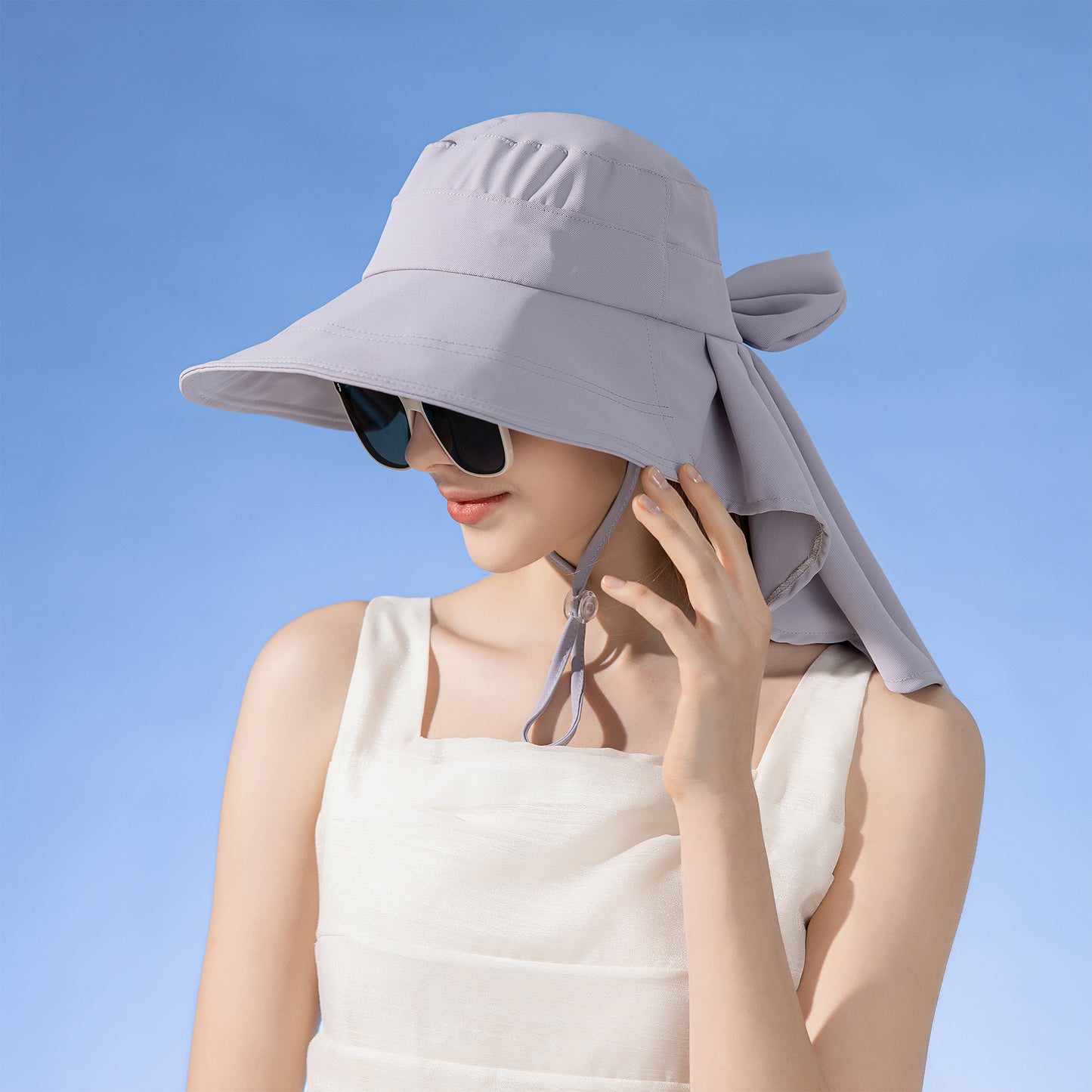 Womens Wide Brim Sun Hat UV Protection Flap Design with Back Bow Detail and Adjustable Chin Strap