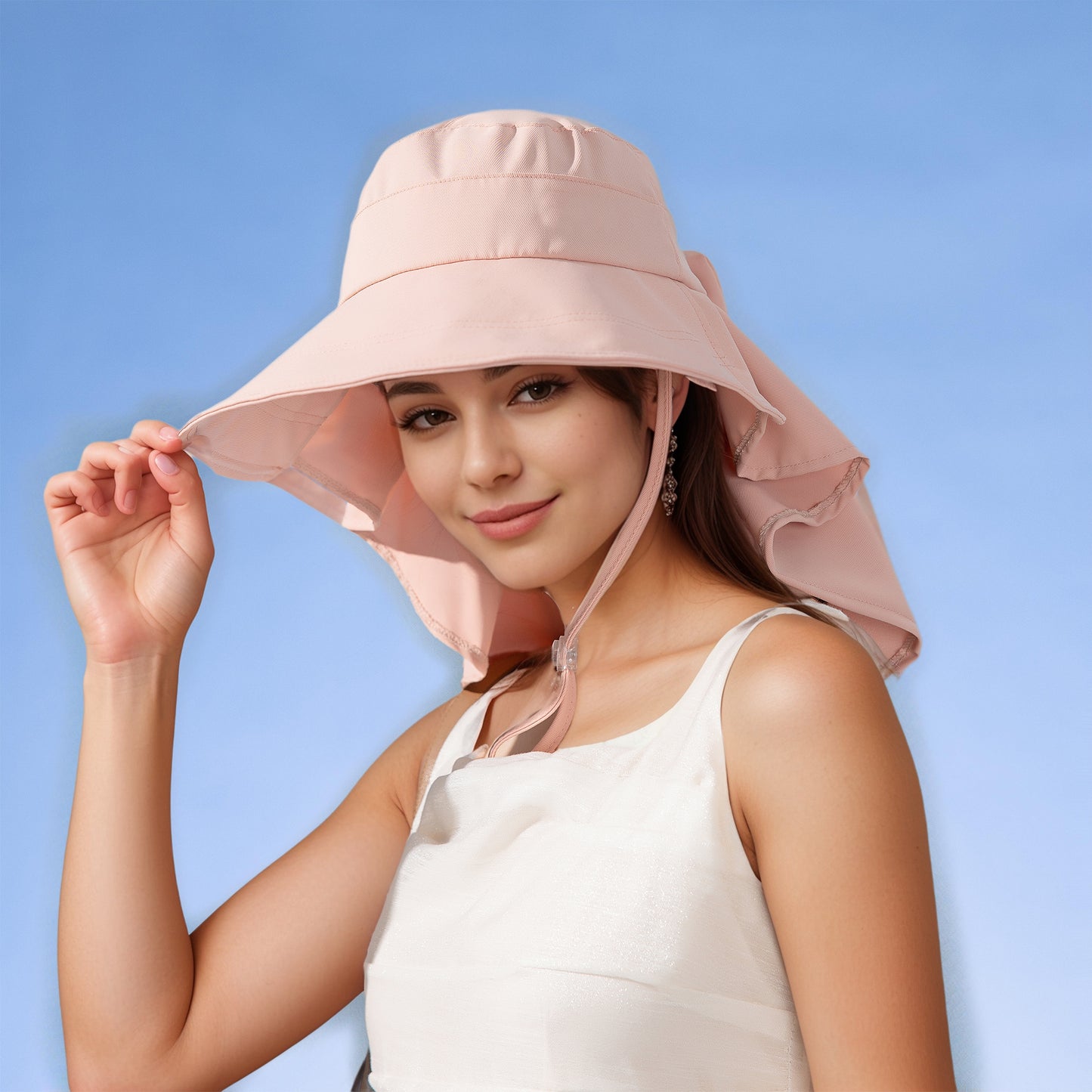 Womens Wide Brim Sun Hat UV Protection Flap Design with Back Bow Detail and Adjustable Chin Strap
