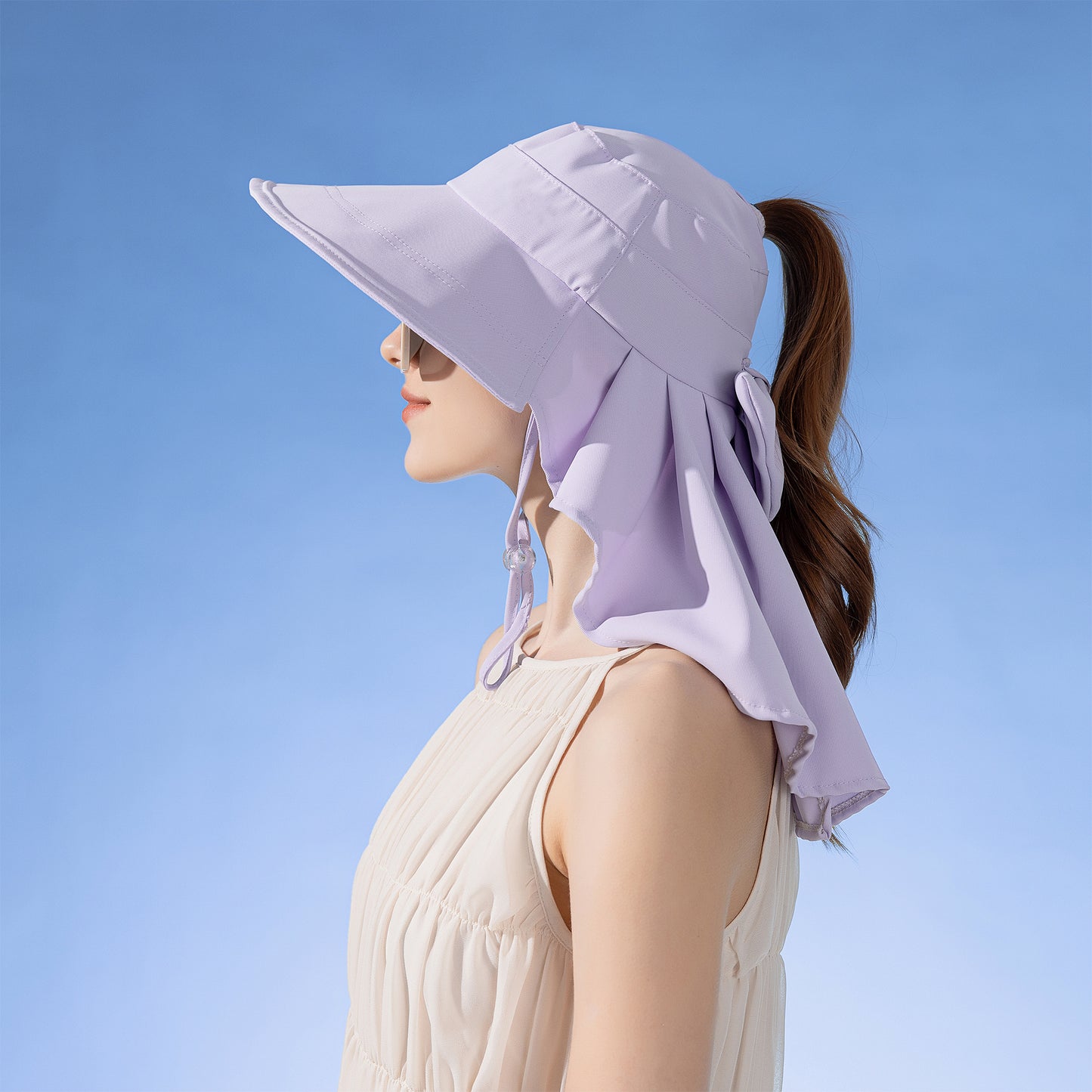 Womens Wide Brim Sun Hat UV Protection Flap Design with Back Bow Detail and Adjustable Chin Strap