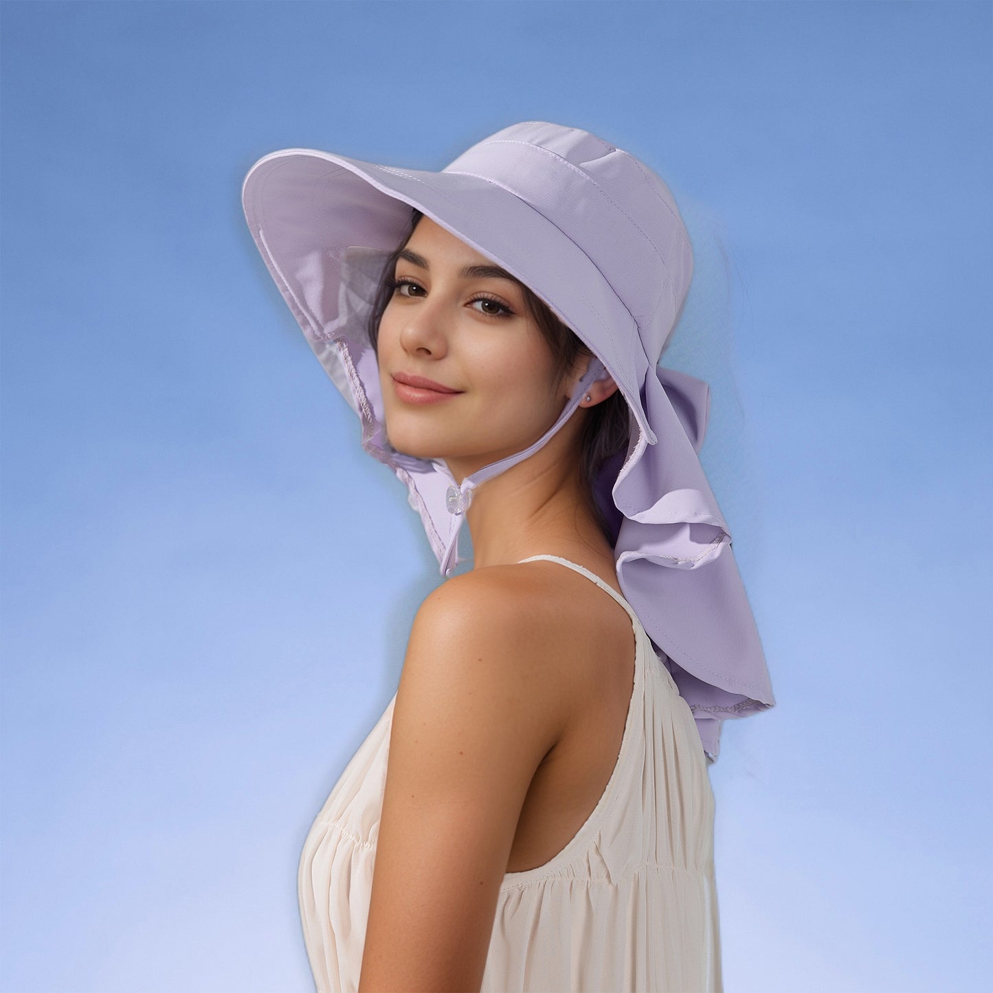 Womens Wide Brim Sun Hat UV Protection Flap Design with Back Bow Detail and Adjustable Chin Strap