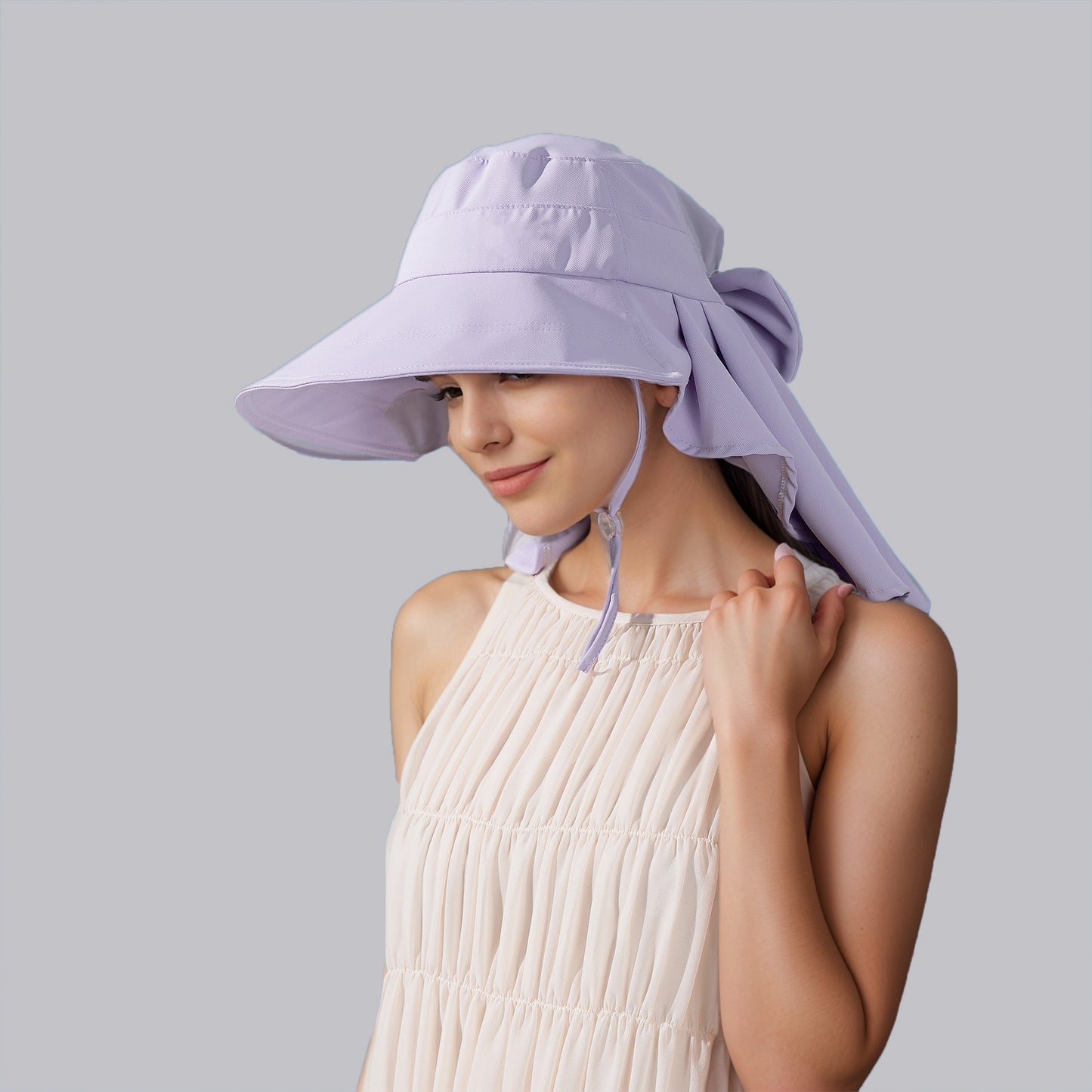 Womens Wide Brim Sun Hat UV Protection Flap Design with Back Bow Detail and Adjustable Chin Strap