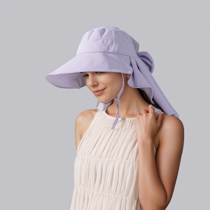 Womens Wide Brim Sun Hat UV Protection Flap Design with Back Bow Detail and Adjustable Chin Strap