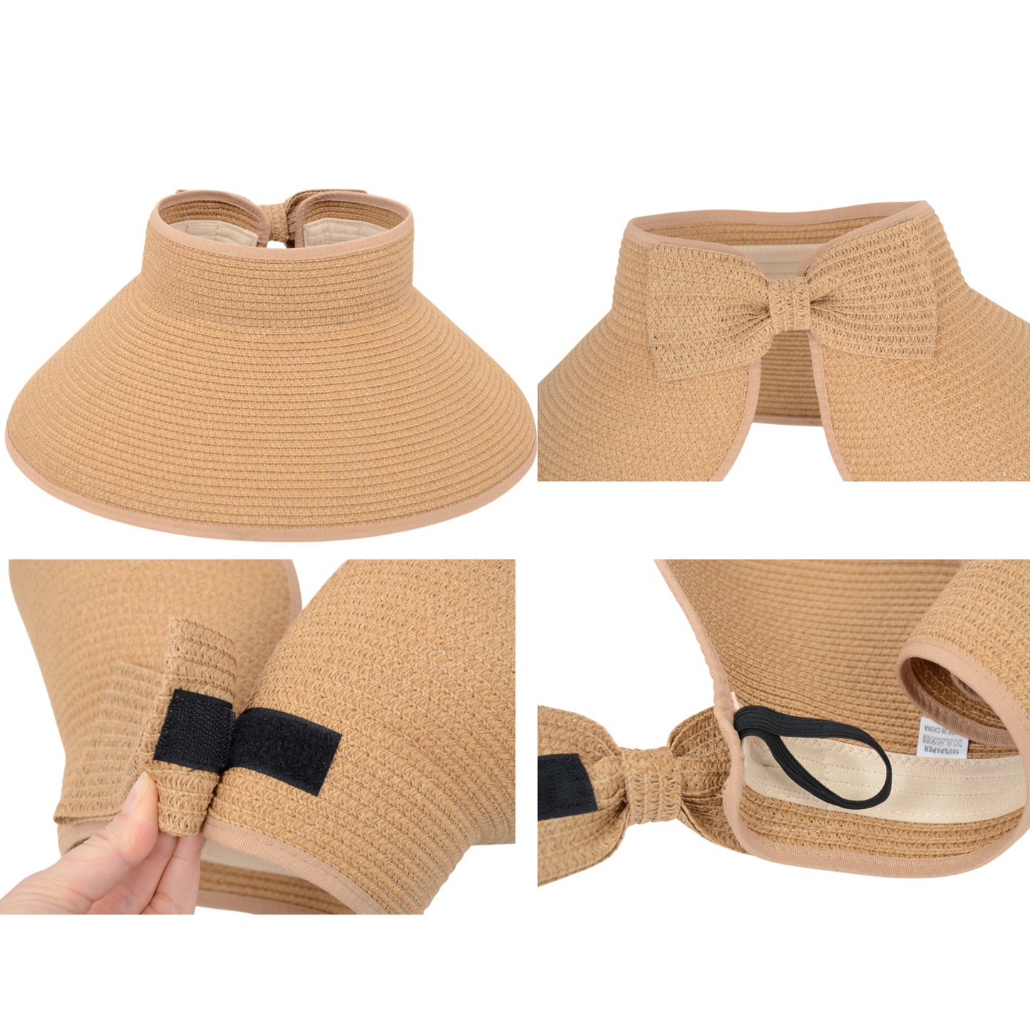 Women's Wide Brim Visor Hat with Bow Detail Adjustable Velcro Closure for Beach or Outdoor Protection