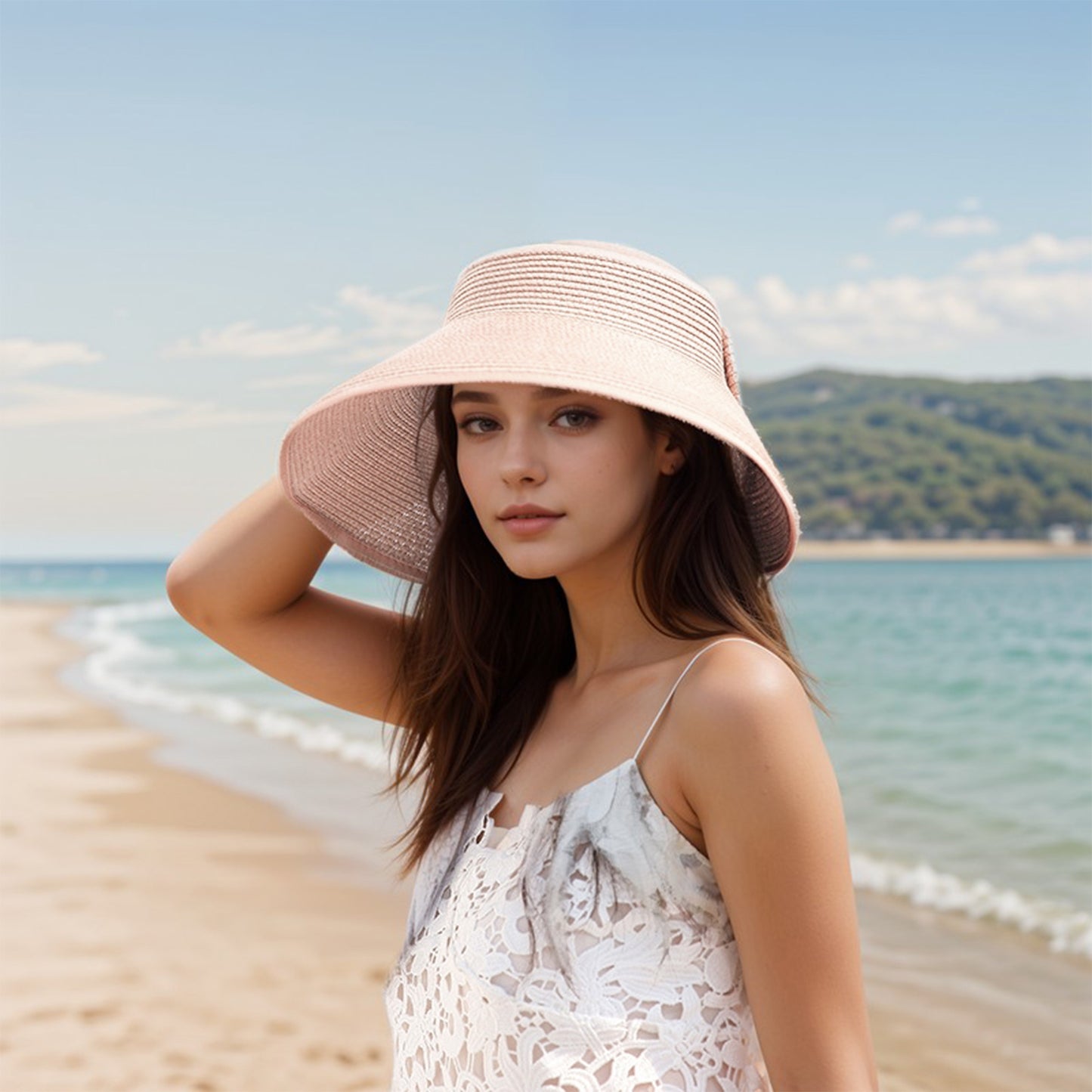 Women's Wide Brim Visor Hat with Bow Detail Adjustable Velcro Closure for Beach or Outdoor Protection