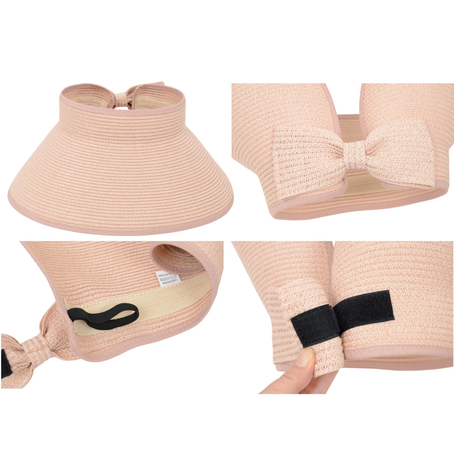Women's Wide Brim Visor Hat with Bow Detail Adjustable Velcro Closure for Beach or Outdoor Protection