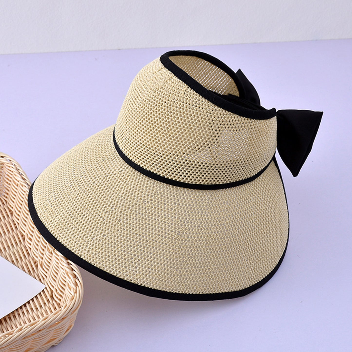 Womens Roll Up Straw Sun Visor Wide Brim Bow Detail Adjustable UV Protection Packable Summer Hat
