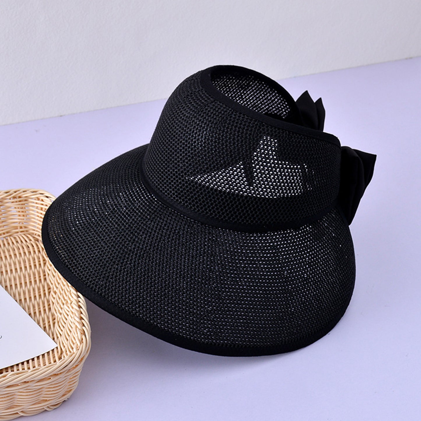 Womens Roll Up Straw Sun Visor Wide Brim Bow Detail Adjustable UV Protection Packable Summer Hat