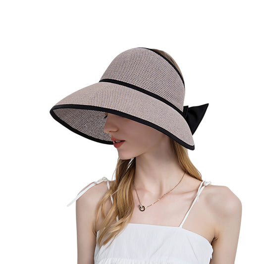 Womens Roll Up Straw Sun Visor Wide Brim Bow Detail Adjustable UV Protection Packable Summer Hat