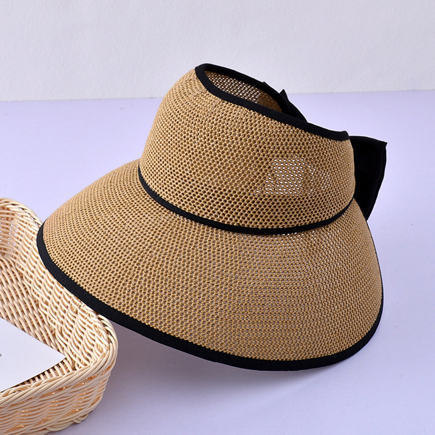 Womens Roll Up Straw Sun Visor Wide Brim Bow Detail Adjustable UV Protection Packable Summer Hat