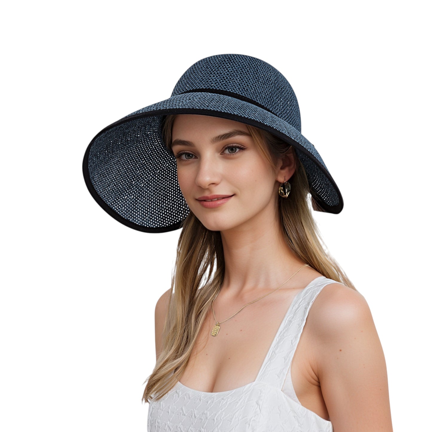 Womens Roll Up Straw Sun Visor Wide Brim Bow Detail Adjustable UV Protection Packable Summer Hat