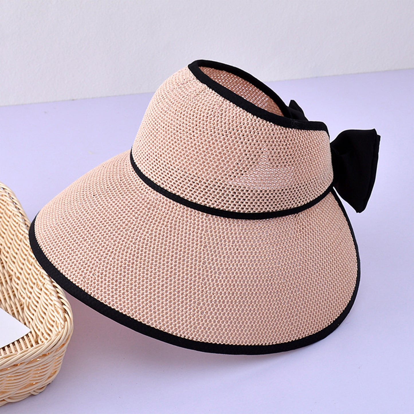 Womens Roll Up Straw Sun Visor Wide Brim Bow Detail Adjustable UV Protection Packable Summer Hat