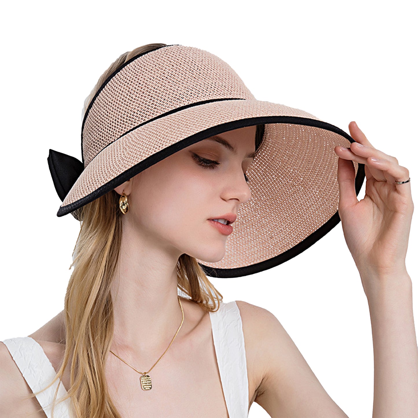 Womens Roll Up Straw Sun Visor Wide Brim Bow Detail Adjustable UV Protection Packable Summer Hat