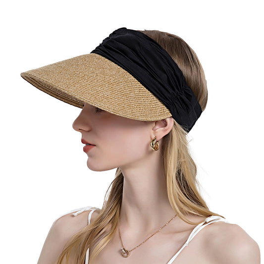 Womens Straw Sun Visor Wide Brim Adjustable Elastic Band Lightweight Summer Hat
