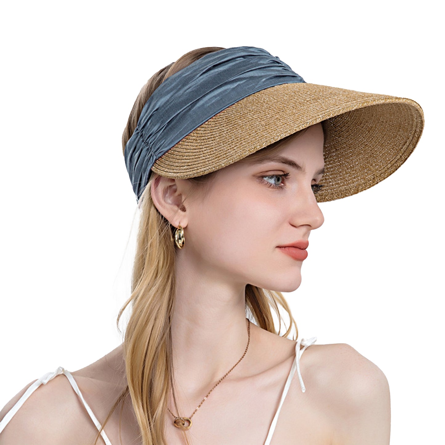 Womens Straw Sun Visor Wide Brim Adjustable Elastic Band Lightweight Summer Hat
