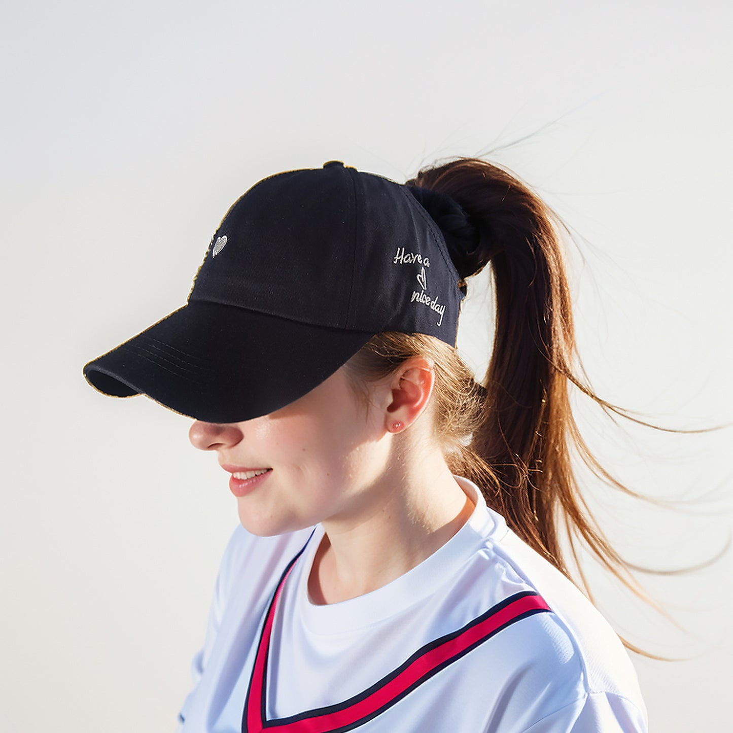 Women's Embroidered Baseball Cap Large Bun Half Hollow Top Soft Cotton Trucker Hat