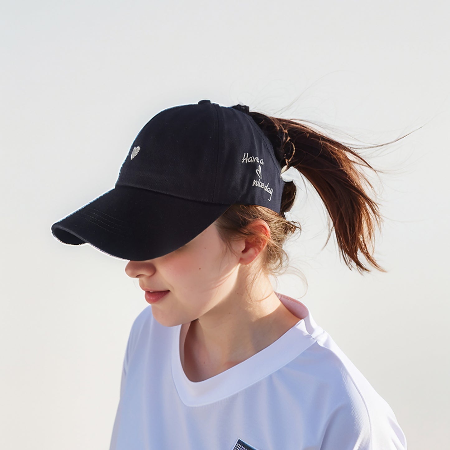 Women's Embroidered Baseball Cap Large Bun Half Hollow Top Soft Cotton Trucker Hat