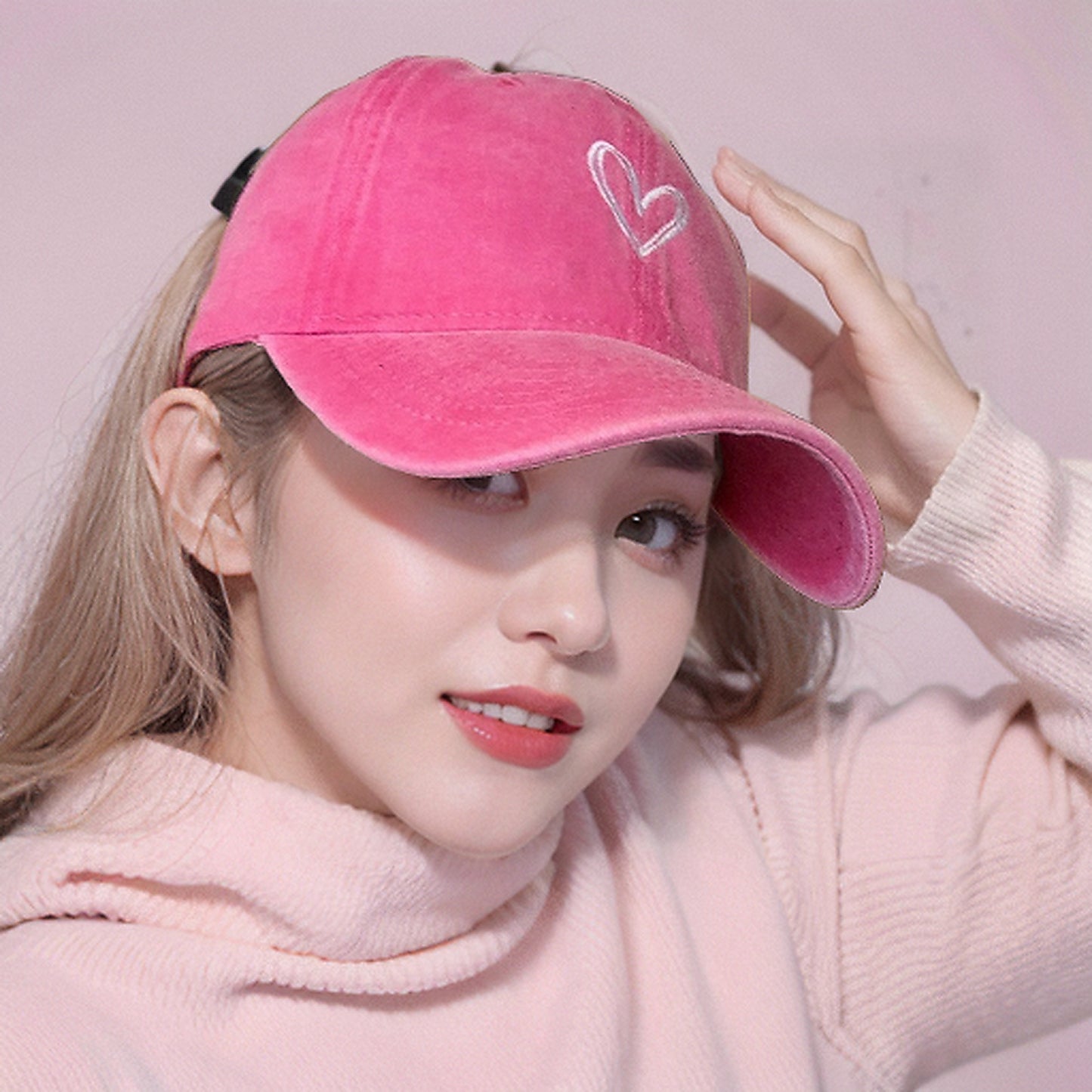 Women's Heart Embroidered Baseball Cap Low Bun Soft Cotton Trucker Hat