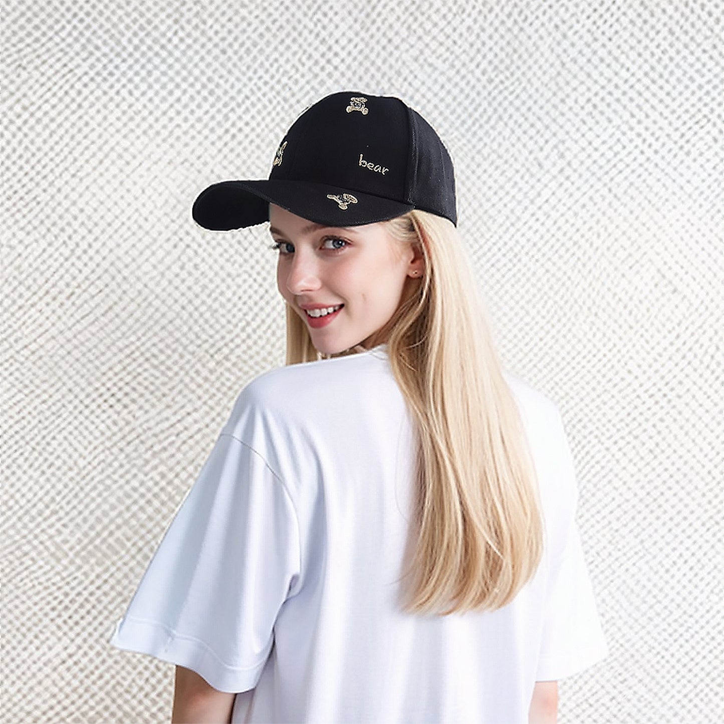 Women's Bear Embroidered Baseball Cap Low Bun Large Head Circumference Soft Cotton Trucker Hat