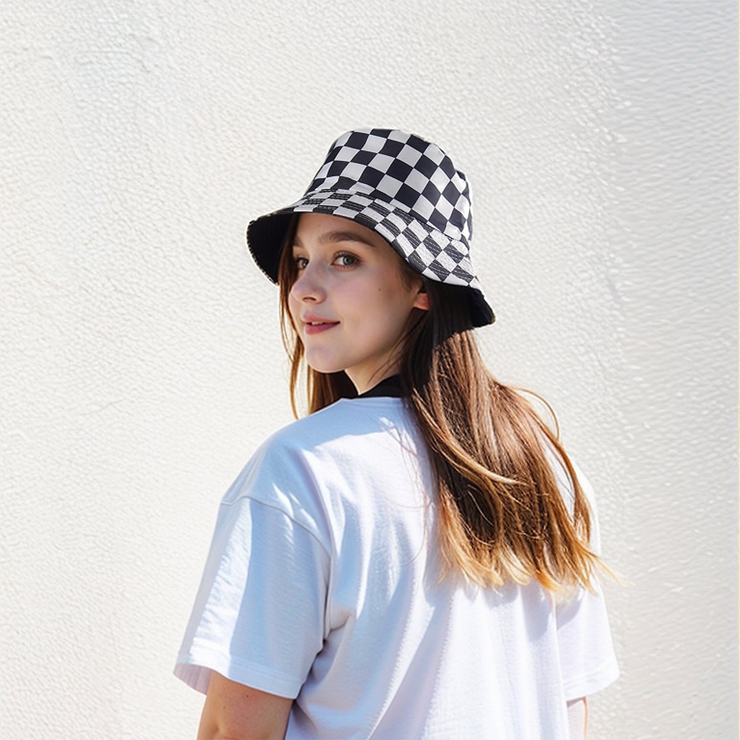 Women's Bucket Hats Reversible Checkered Pattern Fisherman Cap