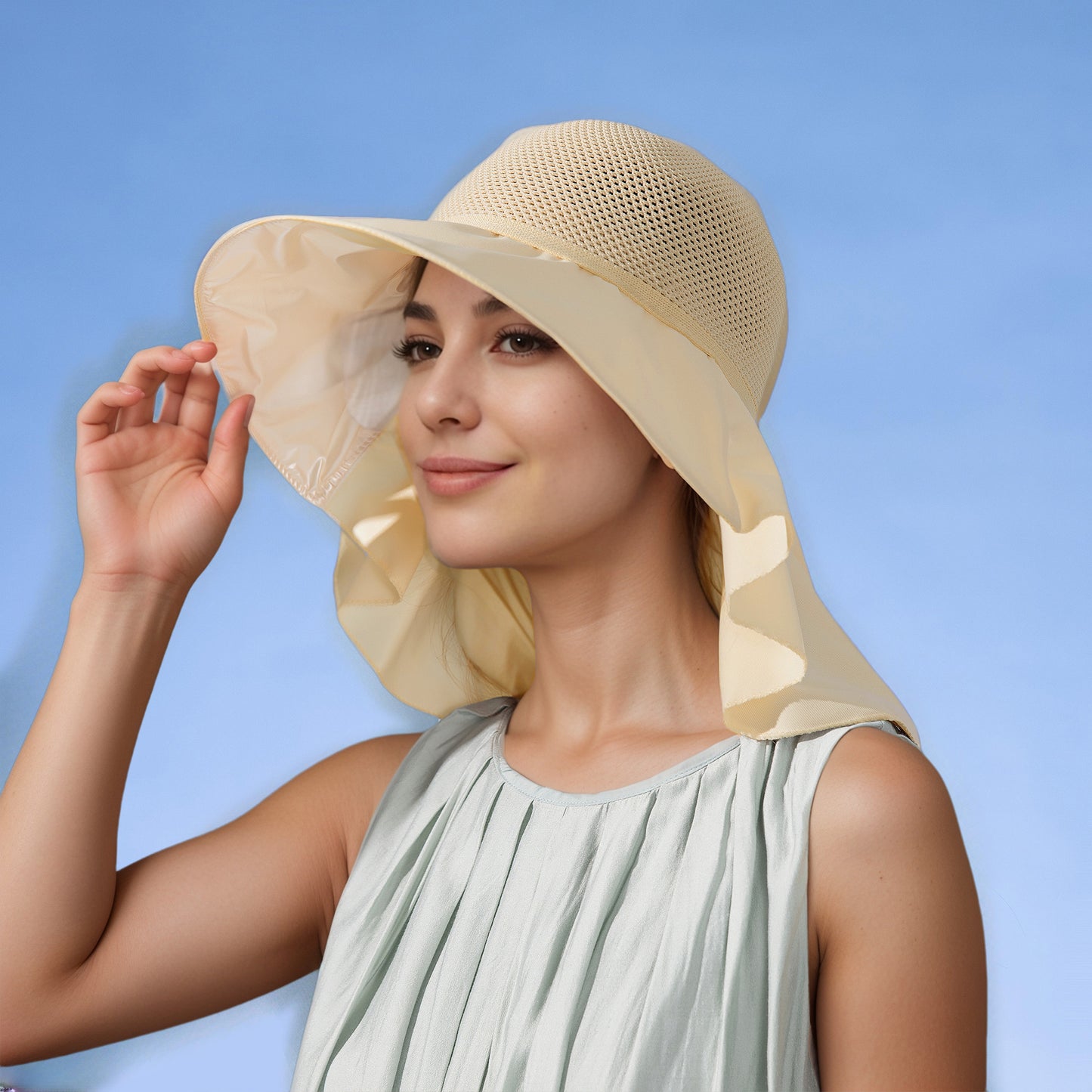 Womens Mesh Panel Wide Brim Sun Hat with Back Flap UV Protection and Tie Detail for Outdoor Activities