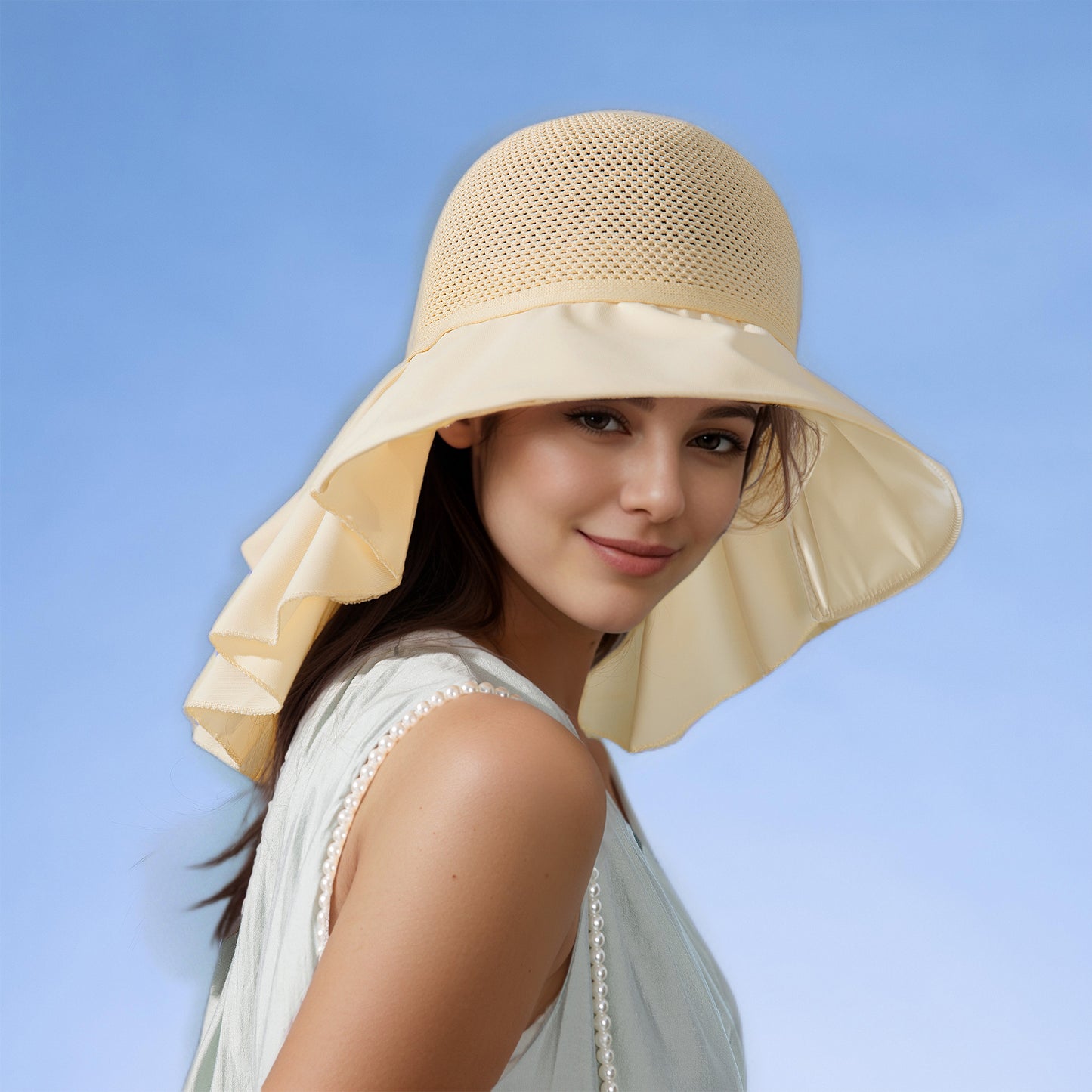 Womens Mesh Panel Wide Brim Sun Hat with Back Flap UV Protection and Tie Detail for Outdoor Activities