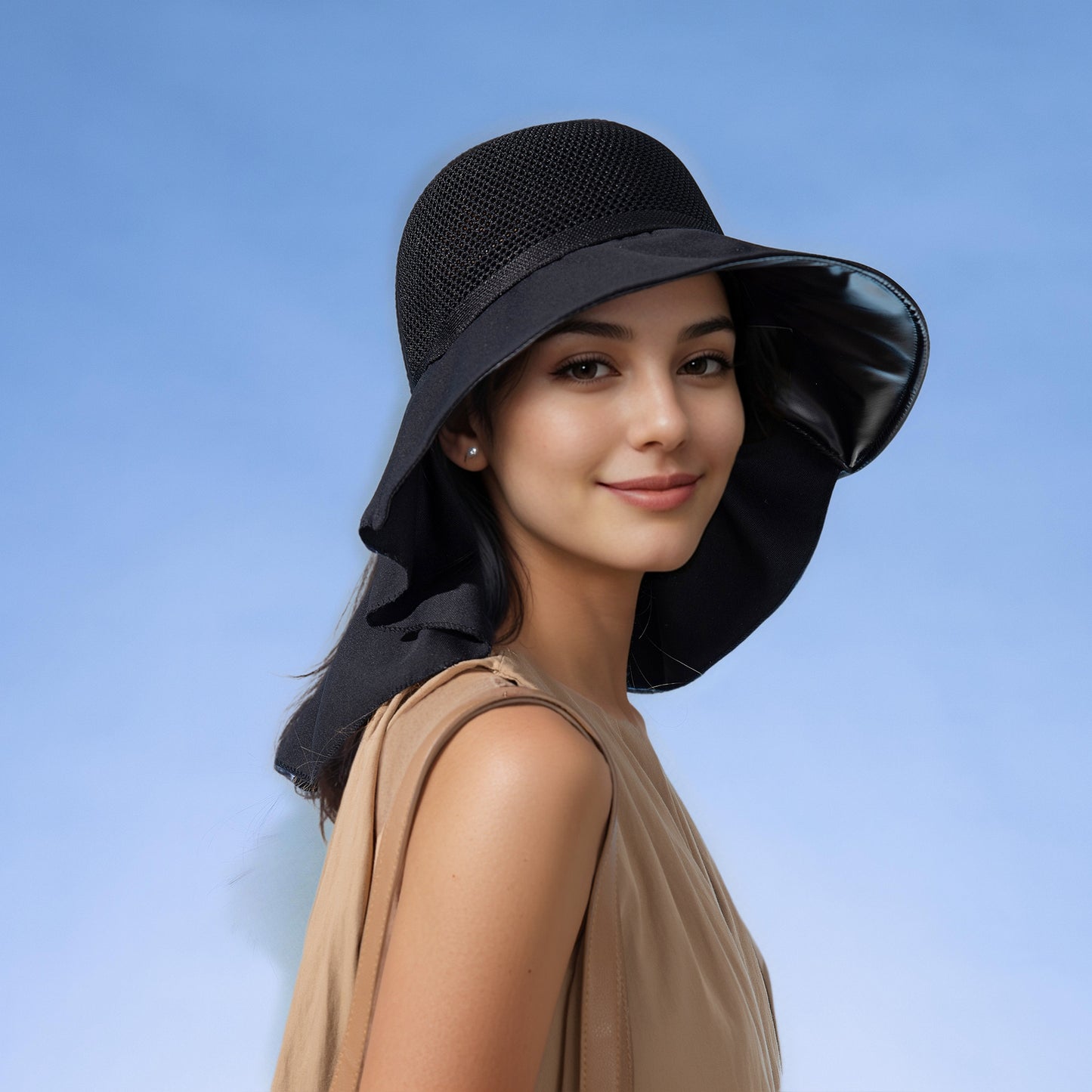 Womens Mesh Panel Wide Brim Sun Hat with Back Flap UV Protection and Tie Detail for Outdoor Activities