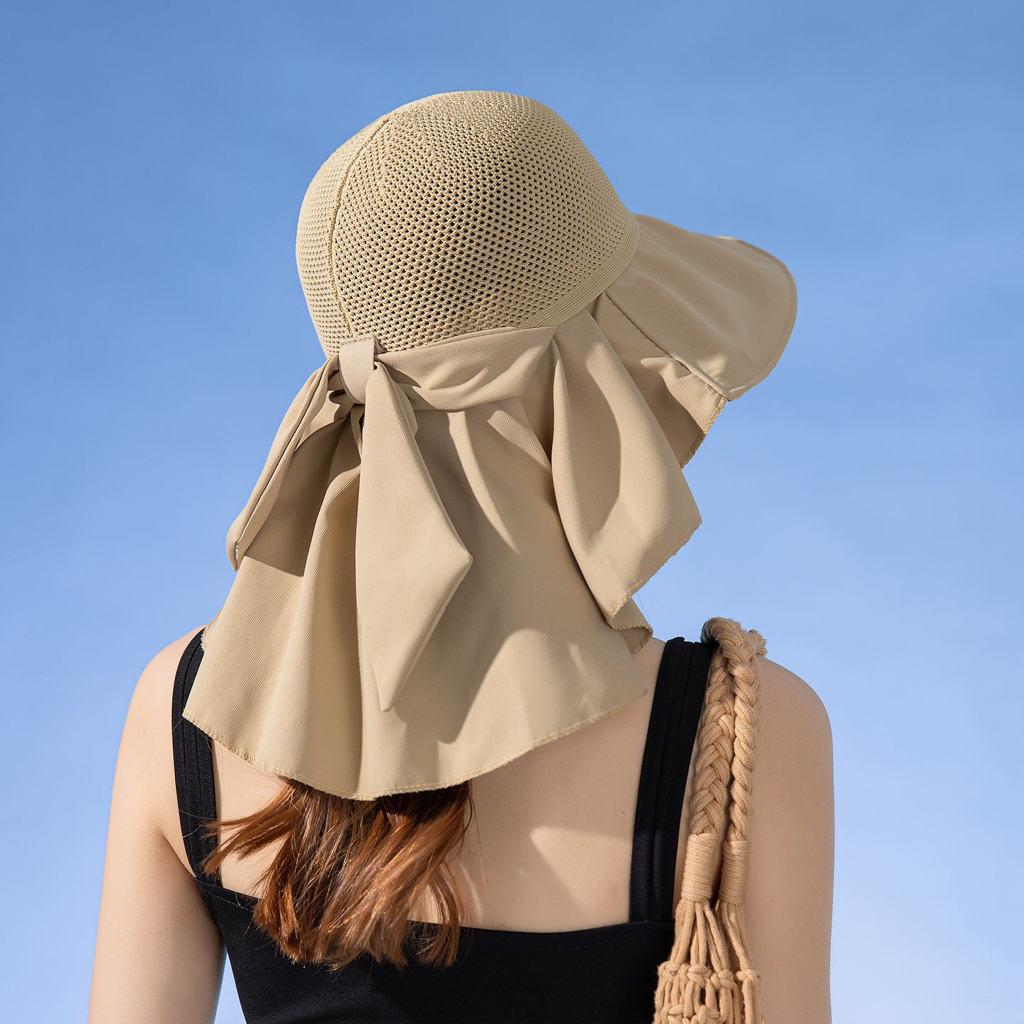 Womens Mesh Panel Wide Brim Sun Hat with Back Flap UV Protection and Tie Detail for Outdoor Activities