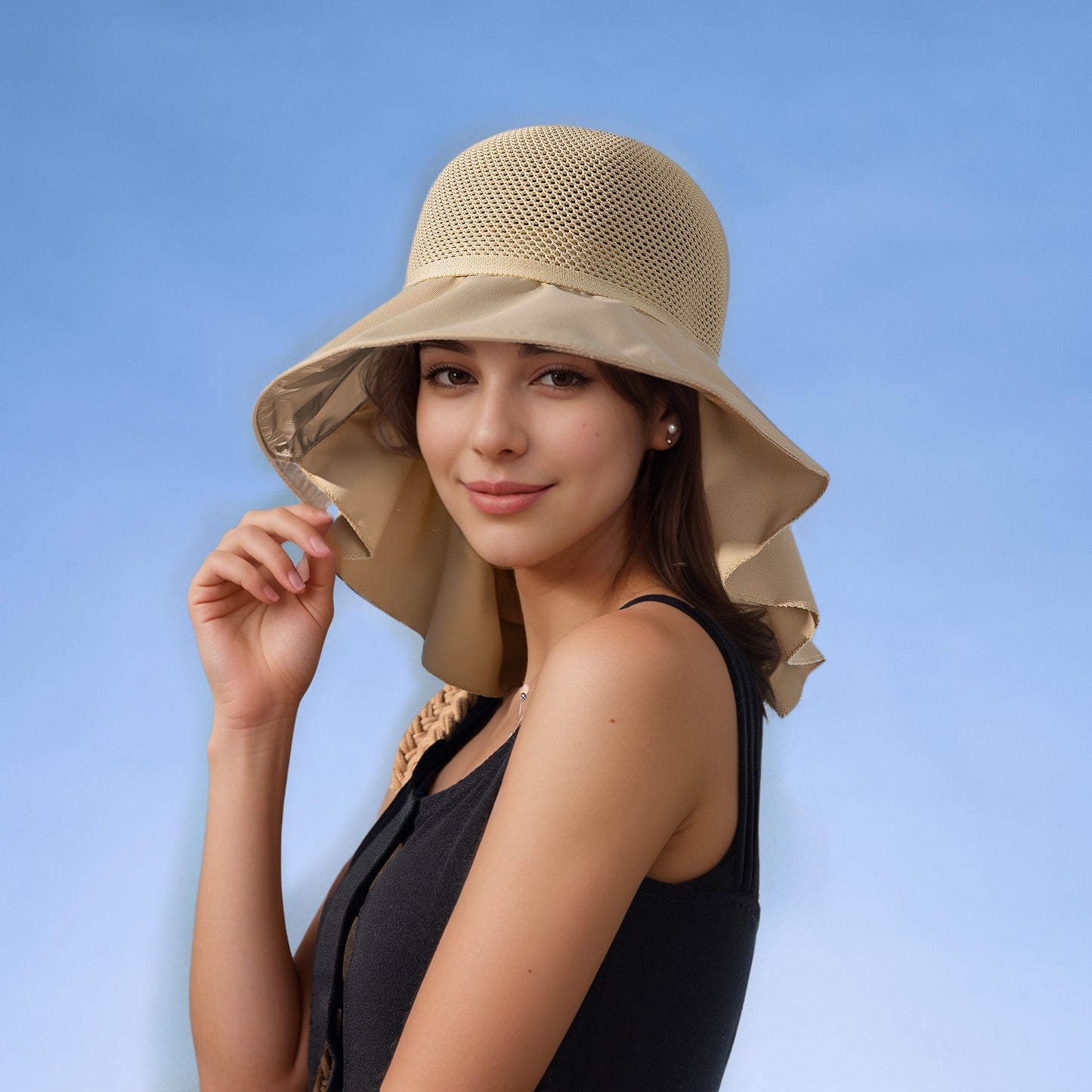 Womens Mesh Panel Wide Brim Sun Hat with Back Flap UV Protection and Tie Detail for Outdoor Activities