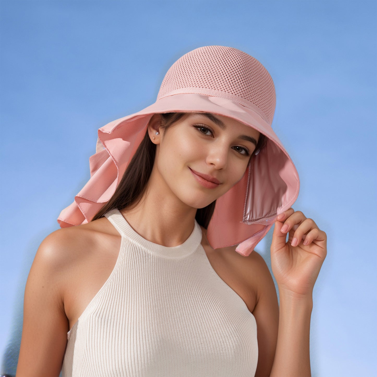 Womens Mesh Panel Wide Brim Sun Hat with Back Flap UV Protection and Tie Detail for Outdoor Activities