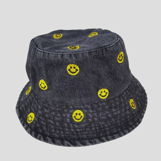 Women's Denim Bucket Hat Foldable with Smiley Face Embroidery