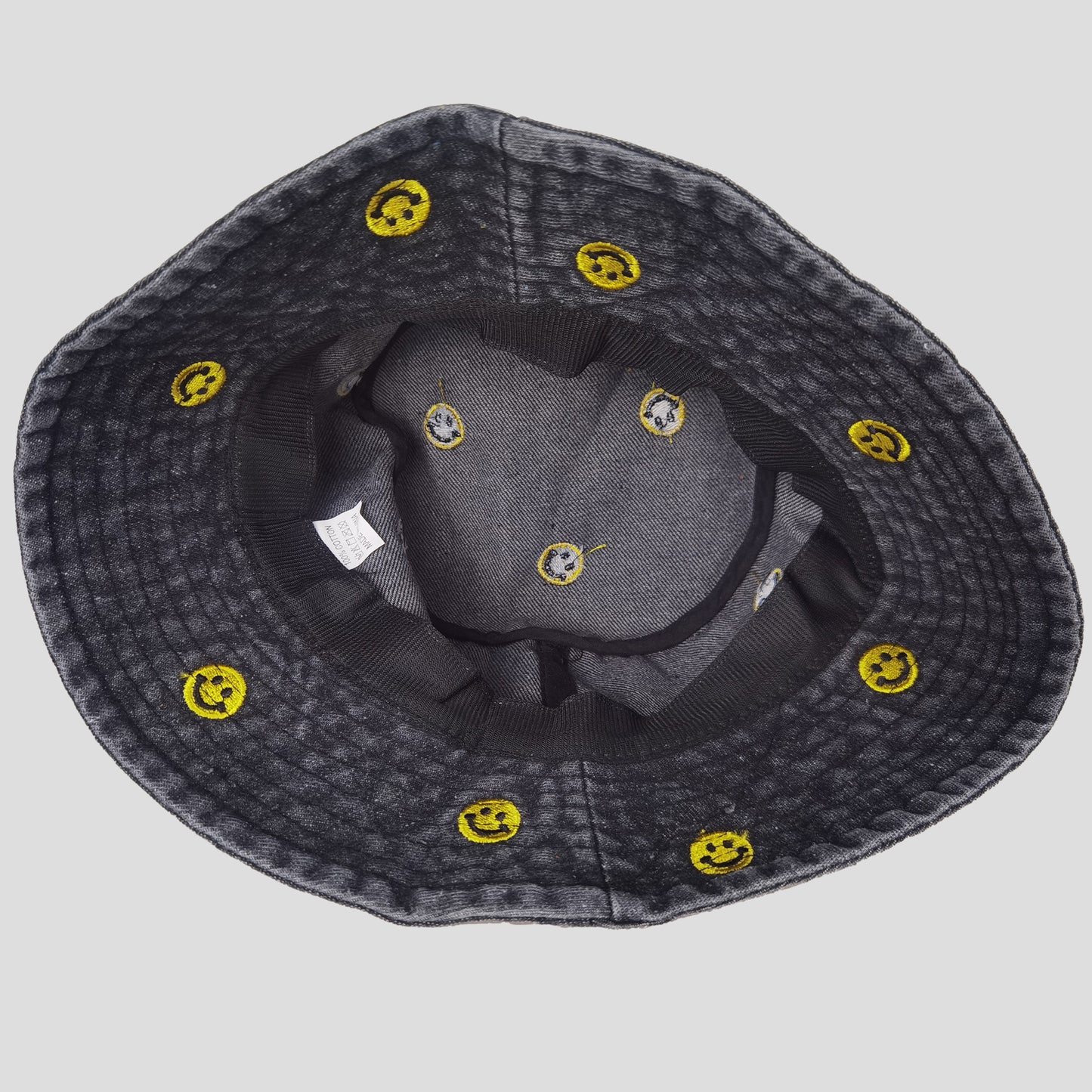 Women's Denim Bucket Hat Foldable with Smiley Face Embroidery