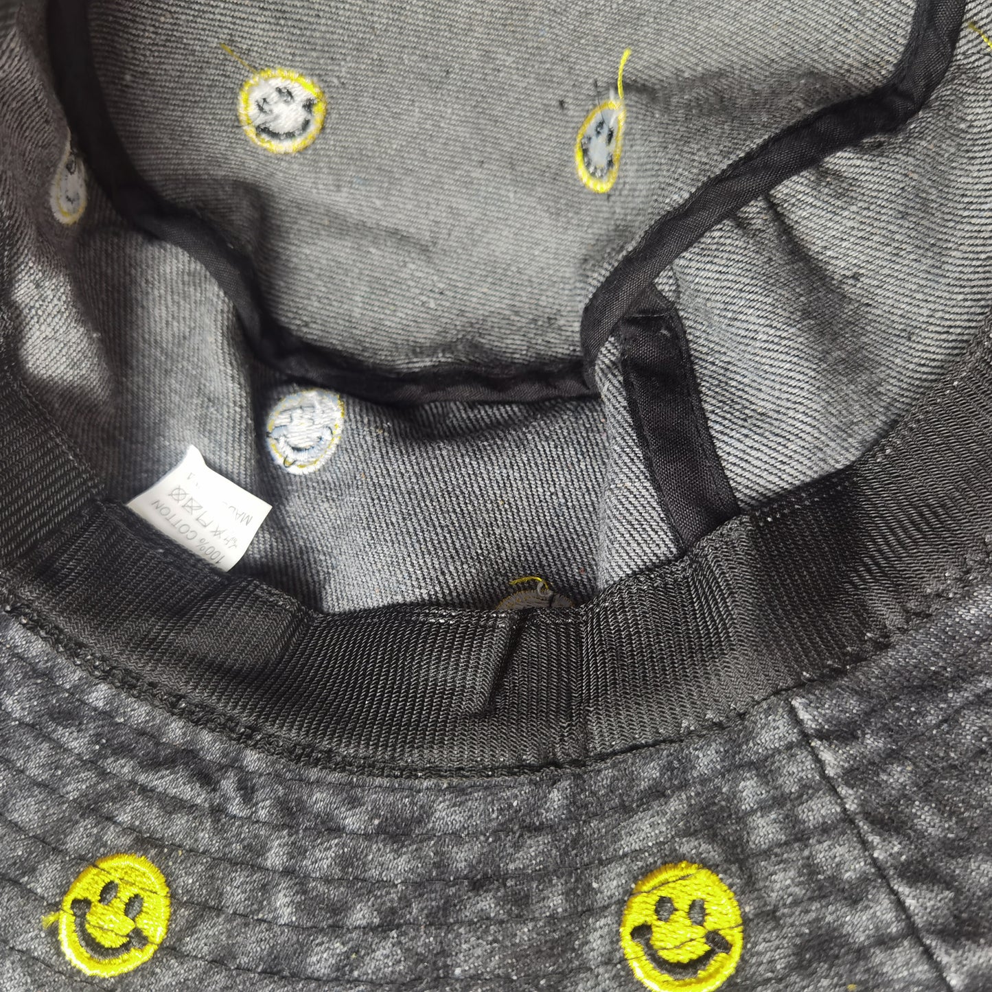 Women's Denim Bucket Hat Foldable with Smiley Face Embroidery
