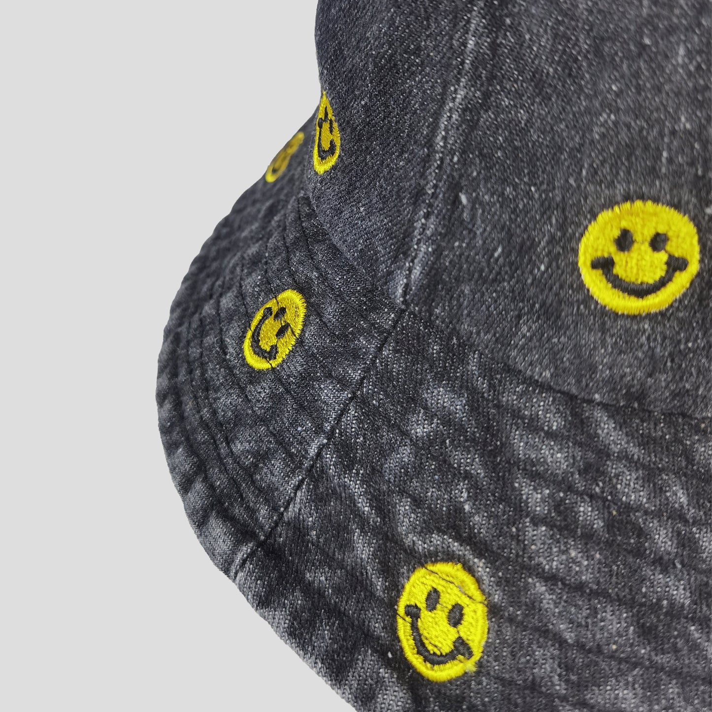 Women's Denim Bucket Hat Foldable with Smiley Face Embroidery