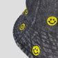 Women's Denim Bucket Hat Foldable with Smiley Face Embroidery